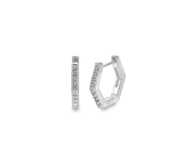 Silver Hexagon Cubic Zirconia Set Huggie Earrings