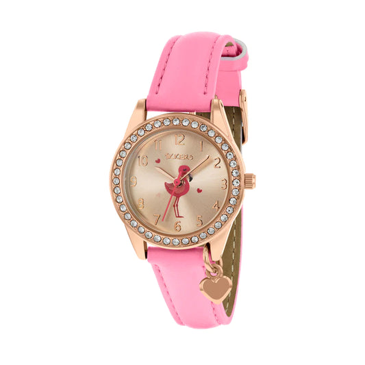 Tikkers Pink Flamingo watch with stone set bezel and heart charm