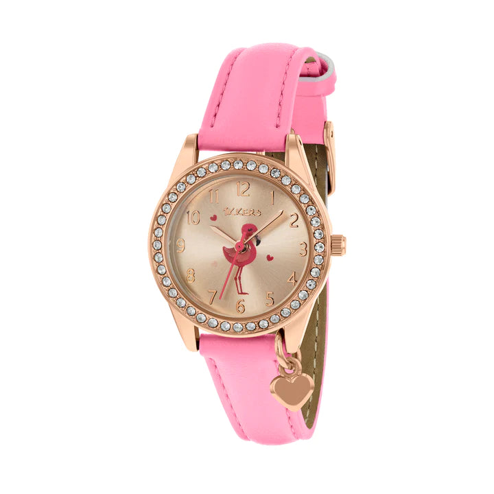 Tikkers Pink Flamingo watch with stone set bezel and heart charm