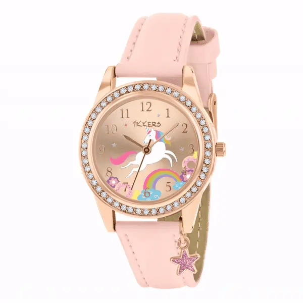 Tikkers Pink Unicorn watch with stone set bezel and charm