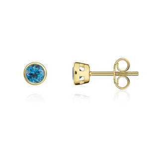 9ct Gold Round London Blue Topaz Rubover Stud Earrings 3mm