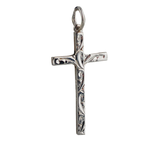 silver engraved solid block cross pendant