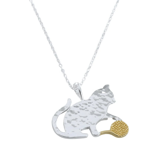 Silver cat and wool necklace with yellow gold detail