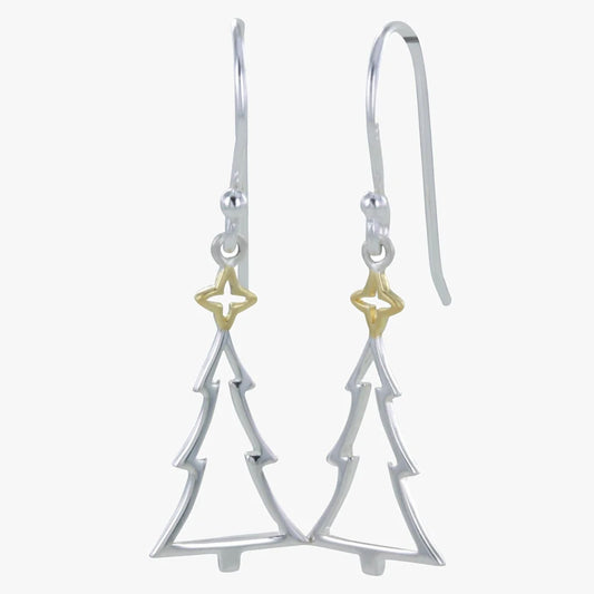 Silver Christmas tree drop earrings with yellow gold detail