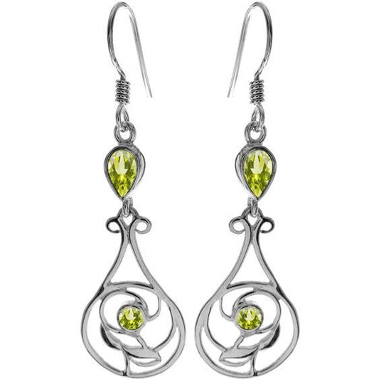 Silver and Peridot open floral Drop Earrings.