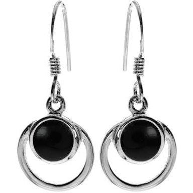 Silver and black onyx round open cut pendant and drop earrings set