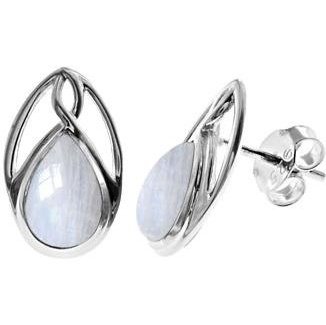 Silver and Rainbow Moonstone teardrop stud earrings.
