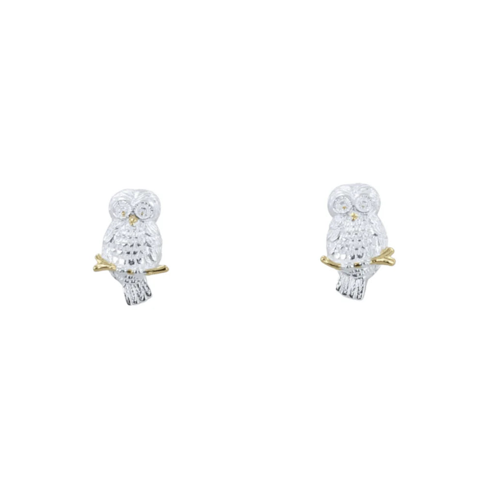 Silver Owl stud earrings with yellow gold detail