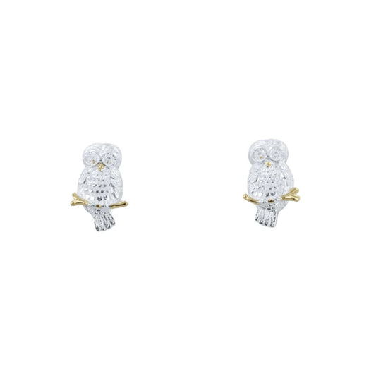 Silver Owl stud earrings with yellow gold detail