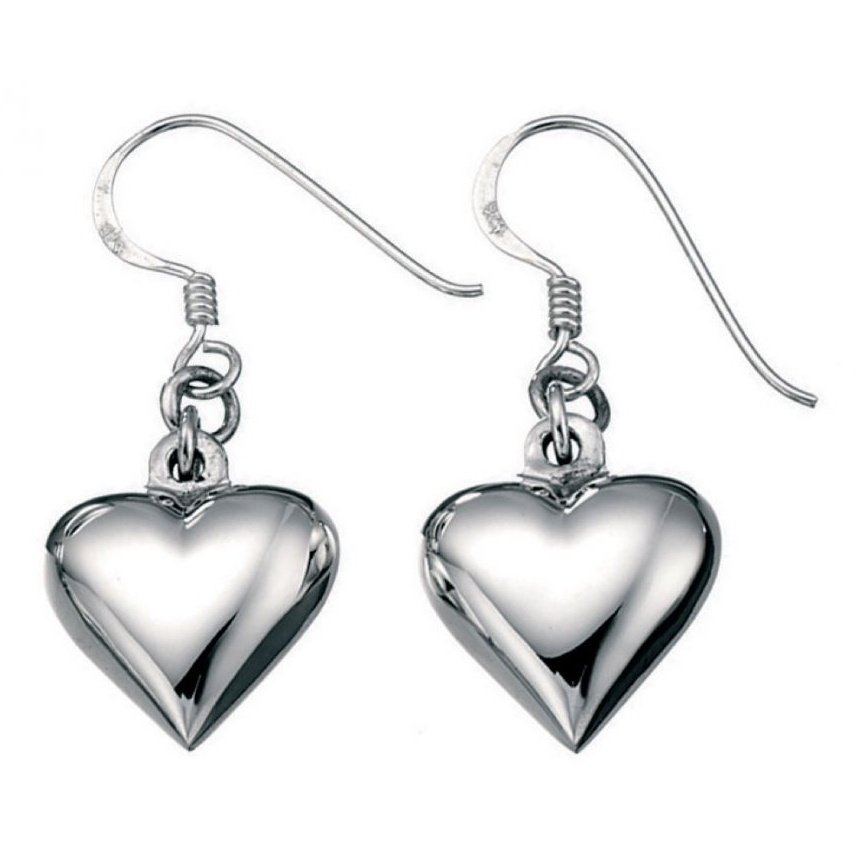 Silver 3d plain heart drop earrings