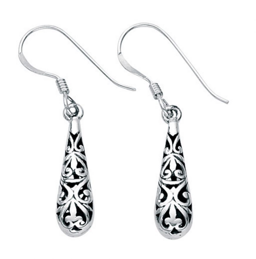 Silver open cut patterned long teardrop drop earrings