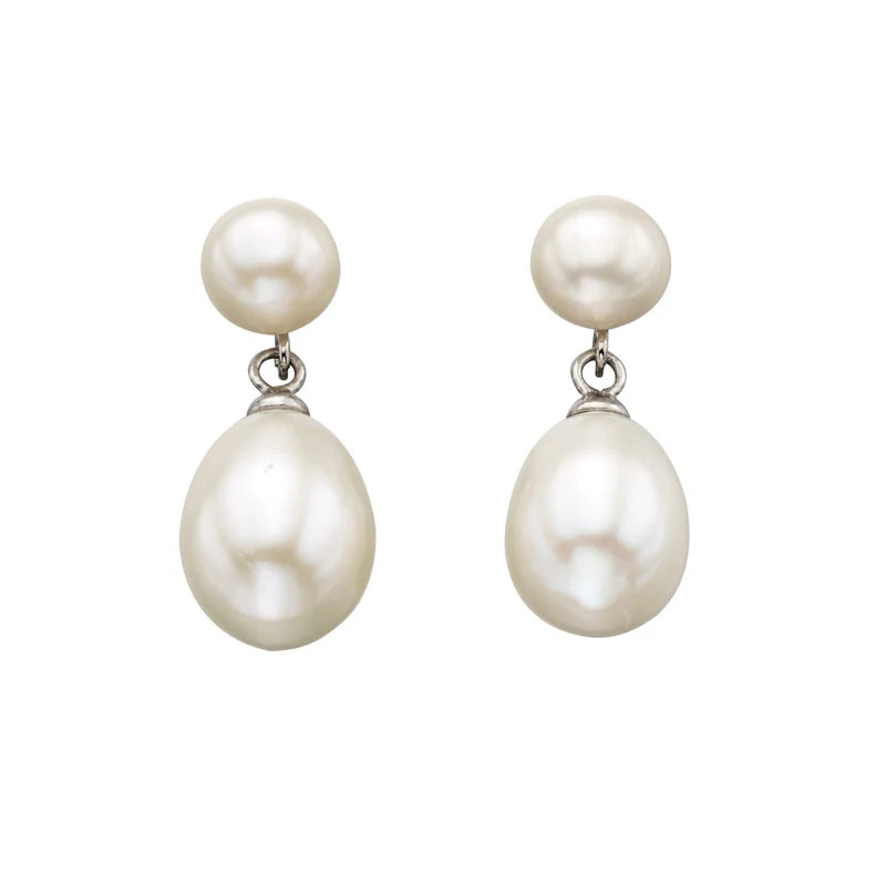 Silver and freshwater pearl double drop stud earrings
