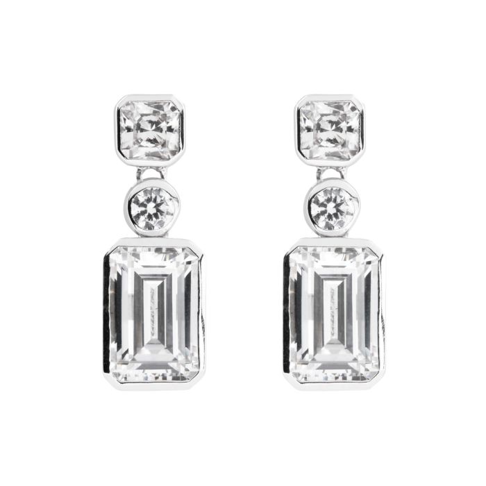 Real silver and cubic zirconia three stone drop earrings