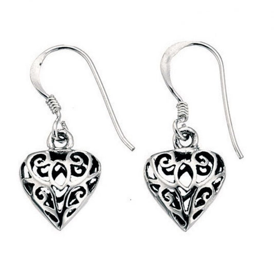 Silver heart open cut pattern drop earrings.
