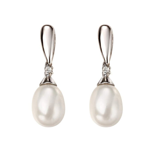 Freshwater Pearl and Diamond Drop Earrings in 9ct Gold