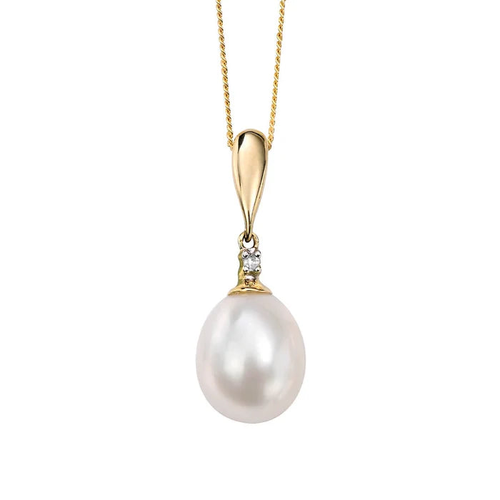 9ct Gold, Freshwater Pearl and Diamond Drop Pendant