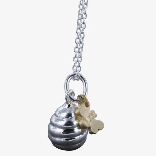 Silver Honey pot and Bee Necklace with yellow gold detail