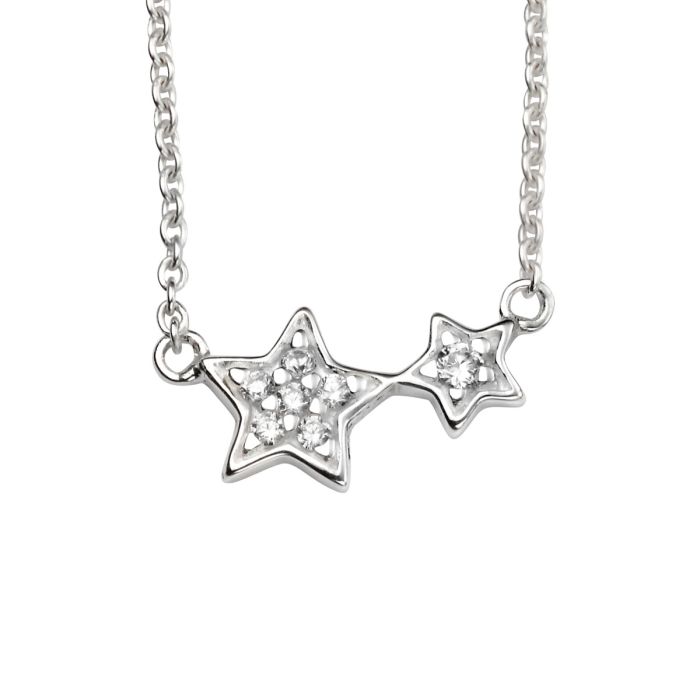 Silver Double Star Necklace with Cubic Zirconia