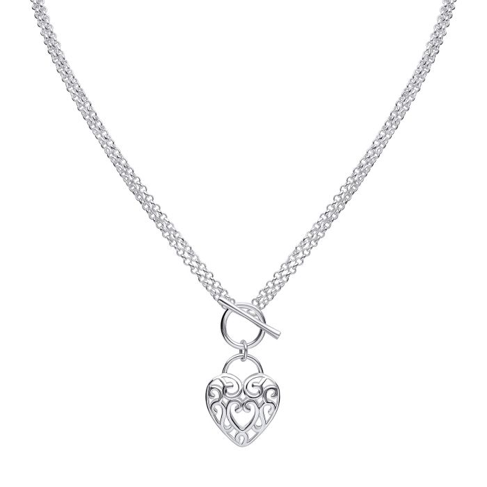 Silver Large Filigree Heart Double Chain T-Bar Necklace