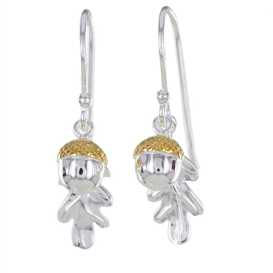 Silver Oak leaf and Acron drop earrings with yellow gold detail
