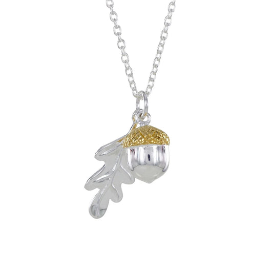 Silver Oak leaf and Acorn necklace with Yellow gold detail