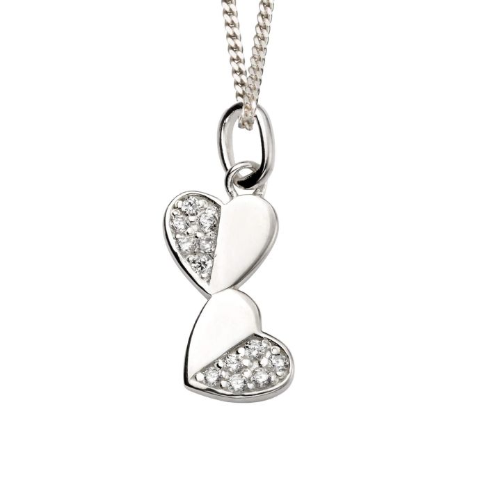 Silver Double Heart Drop Pendant with Cubic Zirconia