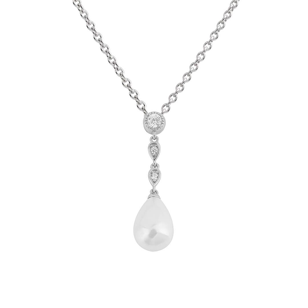 Real silver, shell pearl and cubic zirconia drop pendant