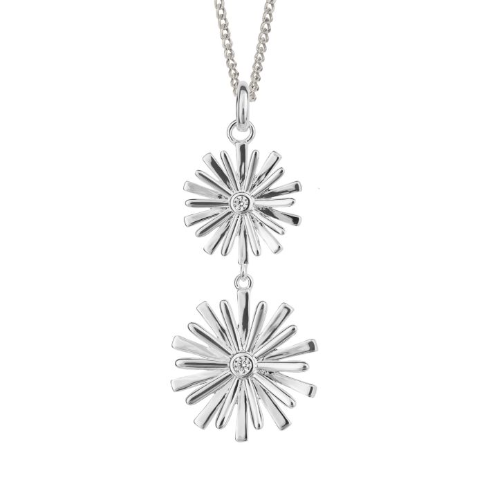 Silver Stylised Double Flower Drop Pendant with Cubic Zirconia