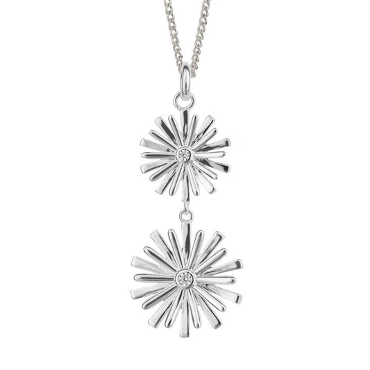 Silver Stylised Double Flower Drop Pendant with Cubic Zirconia