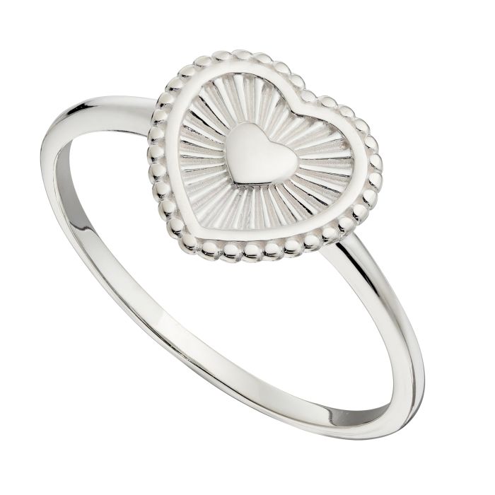 Silver sun-ray detail heart ring