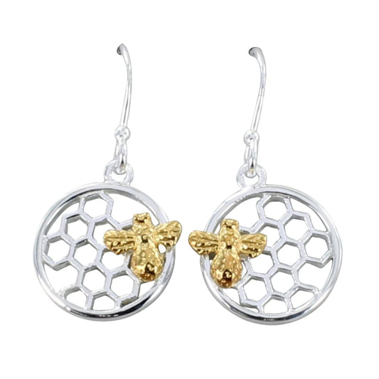 Silver bee and honeycomb drop earrings with yellow gold detail