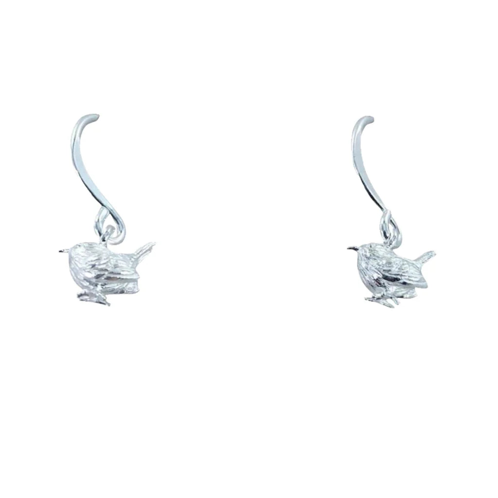 Silver wren drop earrings