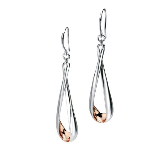Silver And Rose Gold plated Detail long twist drop earrings