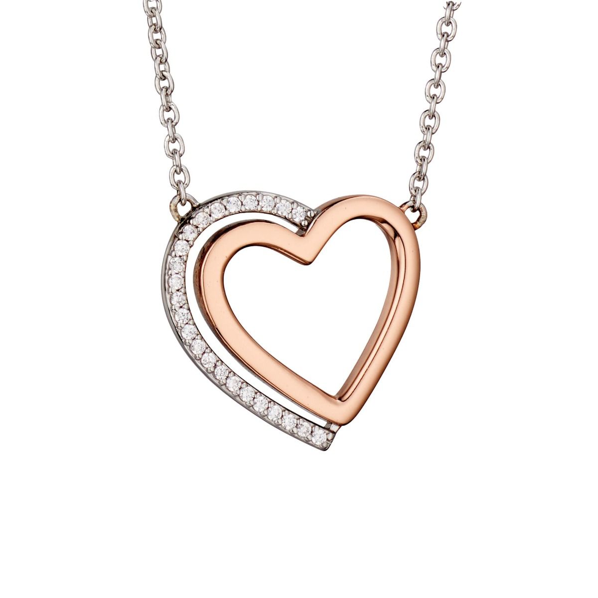 Fiorelli silver, rose gold plated detail and cubic zirconia open heart pendant