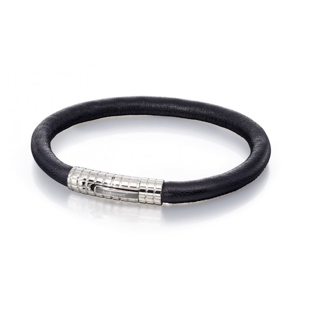 Gents black leather bracelet with stainless steel clasp