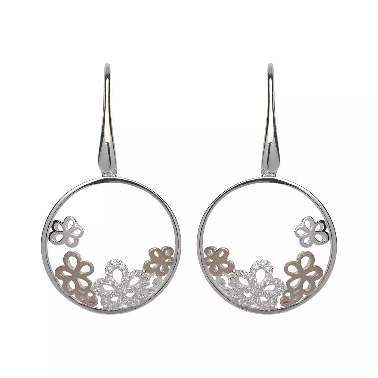 Silver, rose gold detail and cubic zirconia flower drop earrings