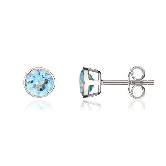 9CT White Gold and Blue Topaz Round Rubset Stud Earrings
