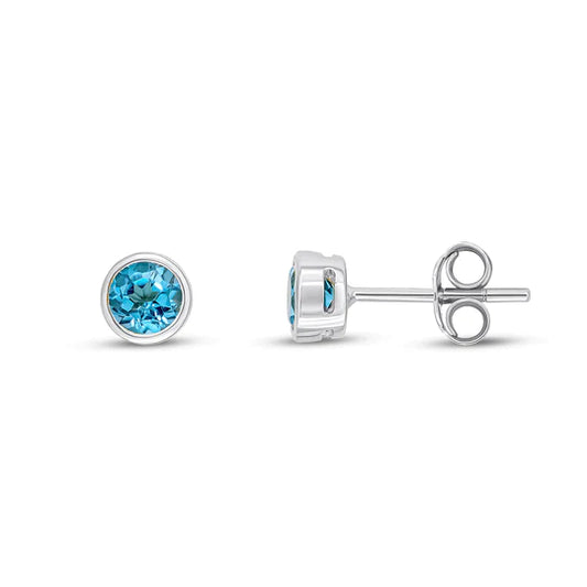 9ct White gold & blue topaz round stud earrings