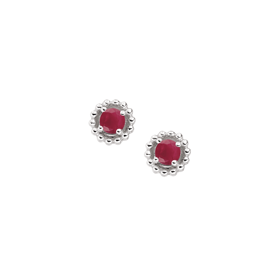 Silver and Ruby beaded round stud earrings