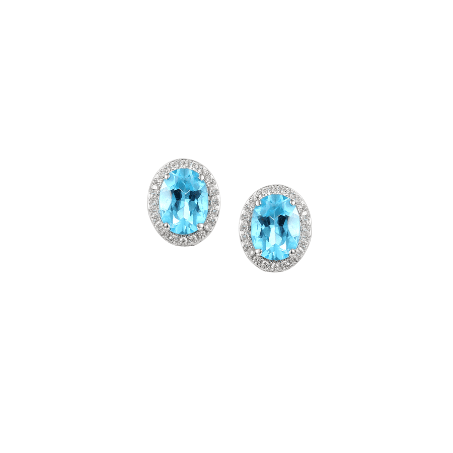 Silver, Blue Topaz and Cubic Zirconia oval cluster stud earrings