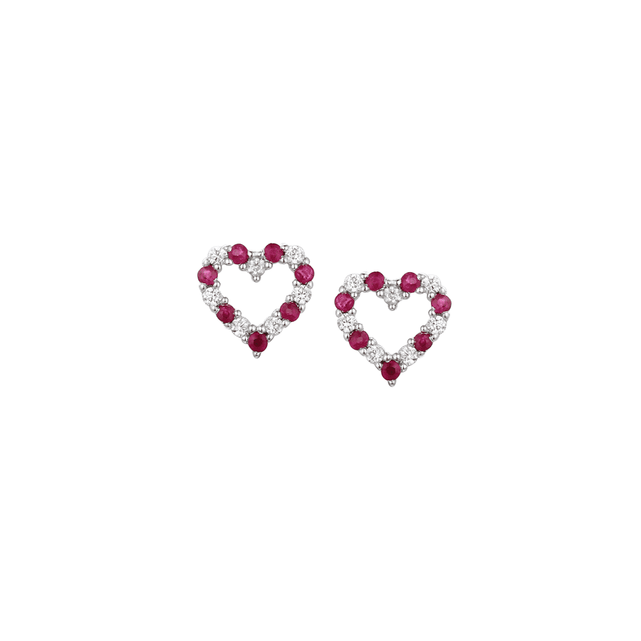 Silver and Ruby with Cubic Zirconia heart shaped stud earrings