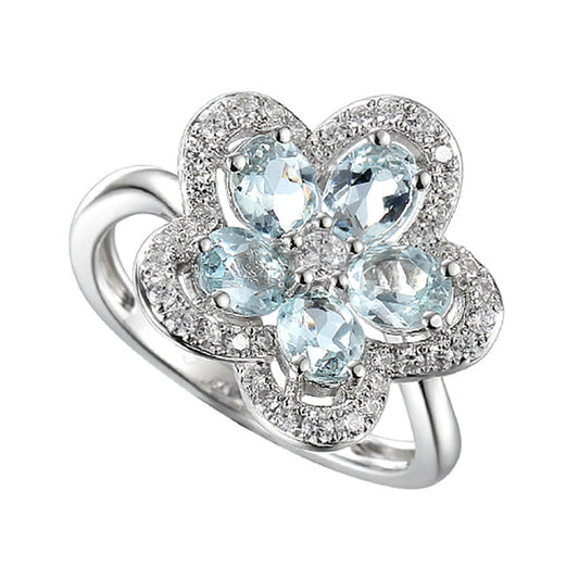 Silver Cubic Zirconia and Aquamarine flower ring