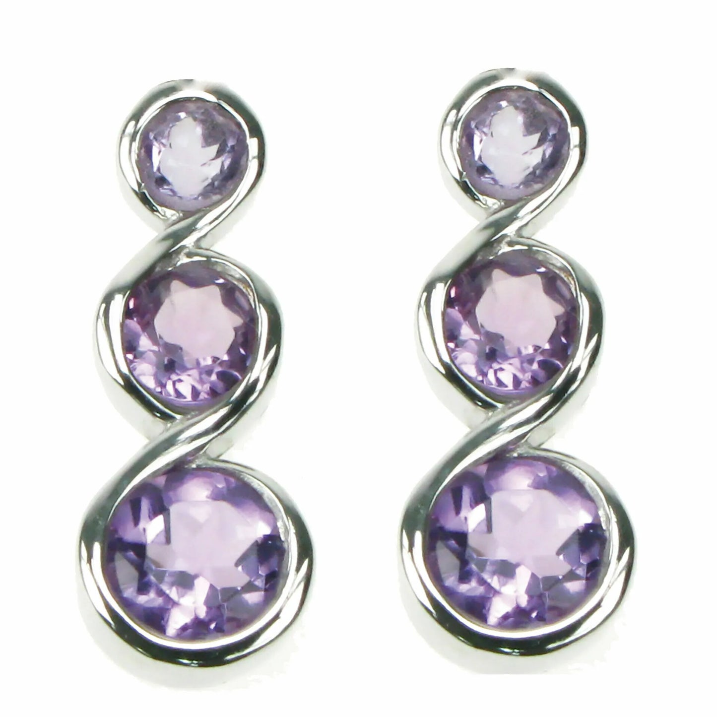 Silver And Amethyst Three Round Facet Stud Earrings