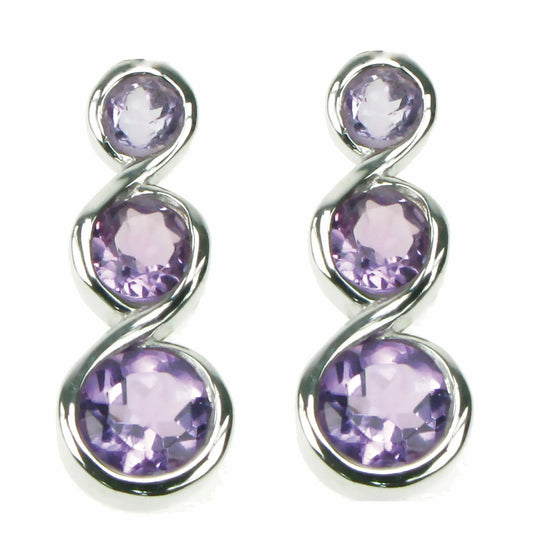 Silver And Amethyst Three Round Facet Stud Earrings