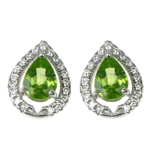 Silver, Peridot and Cubic Zirconia teardrop stud earrings