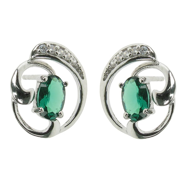 silver Created Emerald and Cubic Zirconia posh stud earrings
