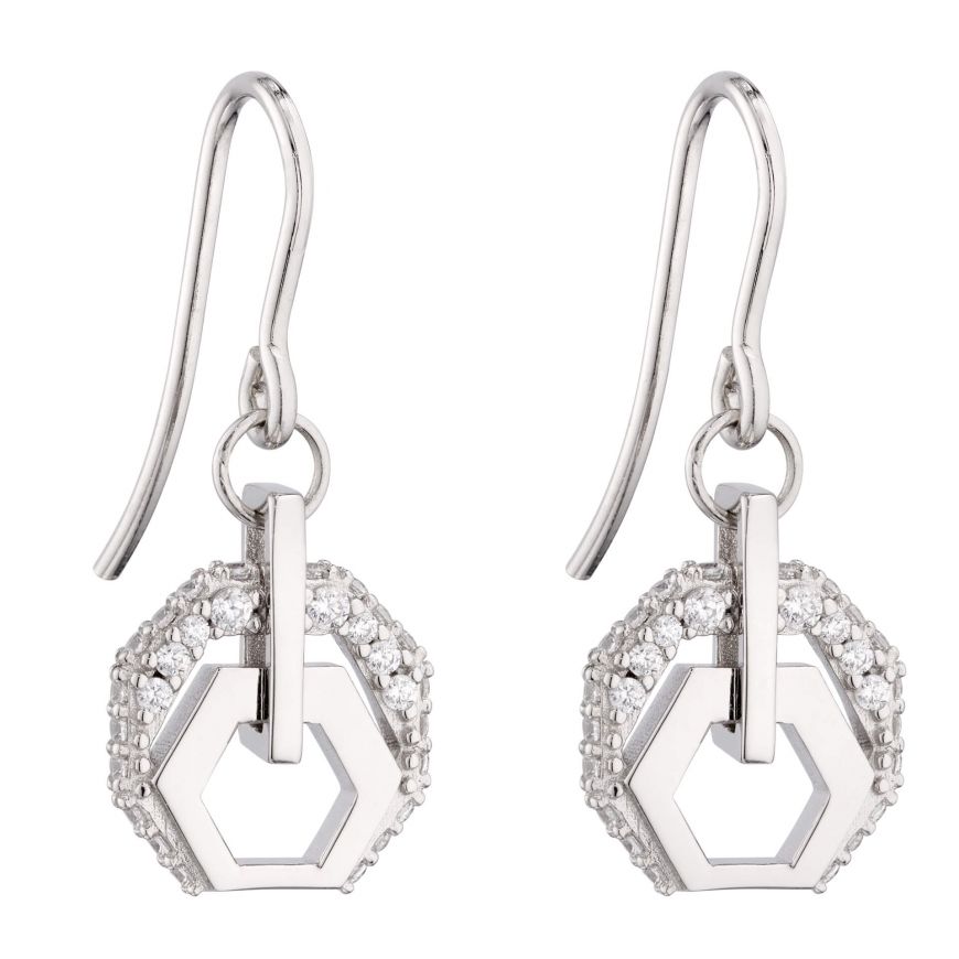 Silver And Cubic Zirconia Hexagon Shaped Drop Earrings