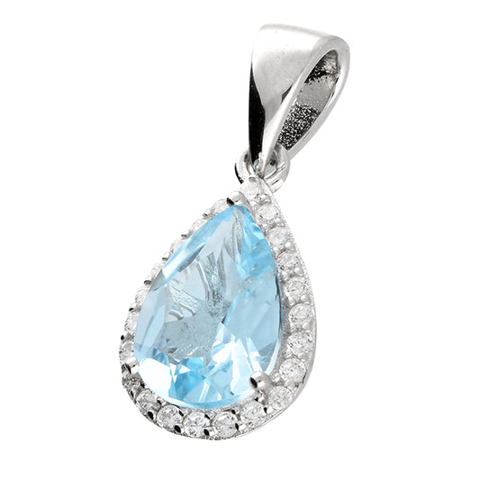 Silver Blue Topaz and Cubic Zirconia teardrop pendant