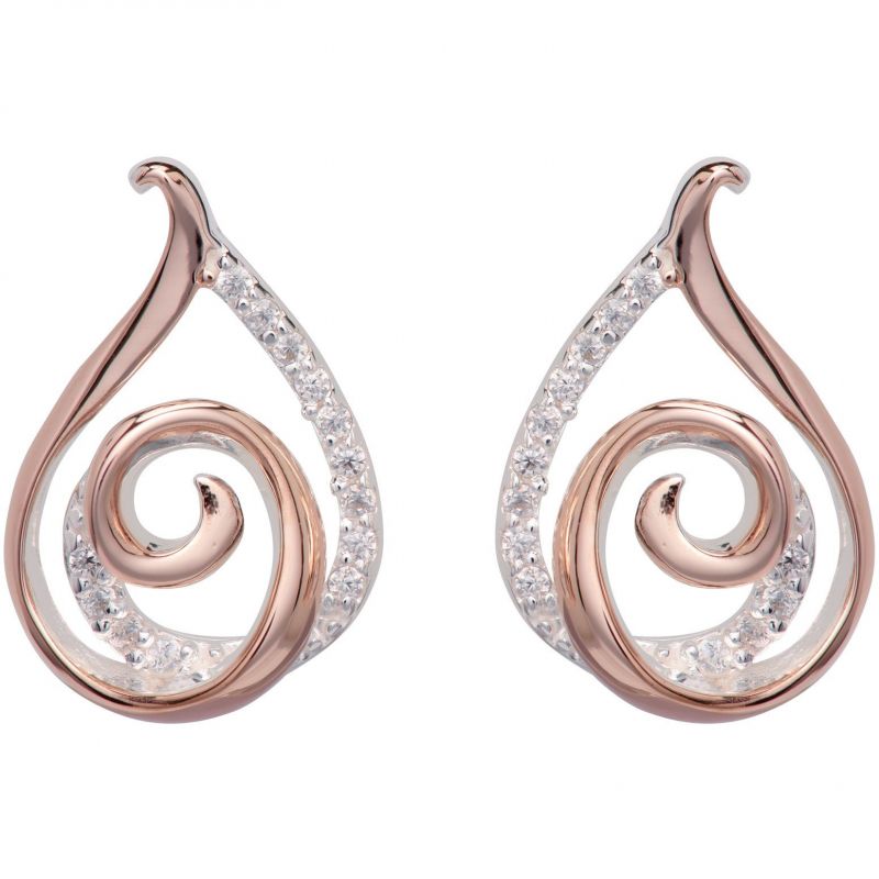 Silver, Rose Gold detail and Cubic Zirconia teardrop swirl stud earrings