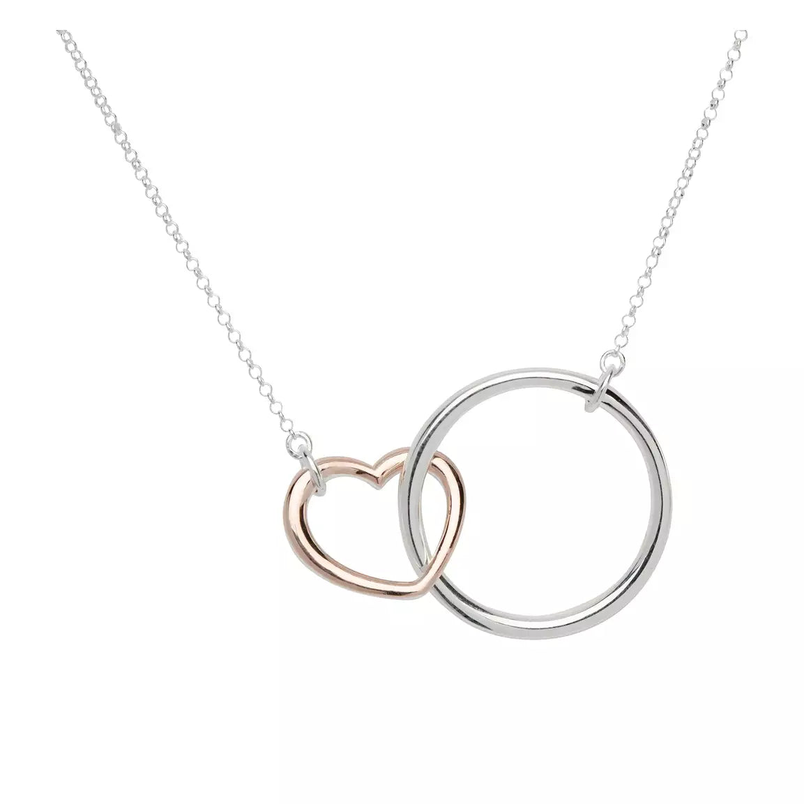 Silver and rose gold detail interlocking heart and circle pendant
